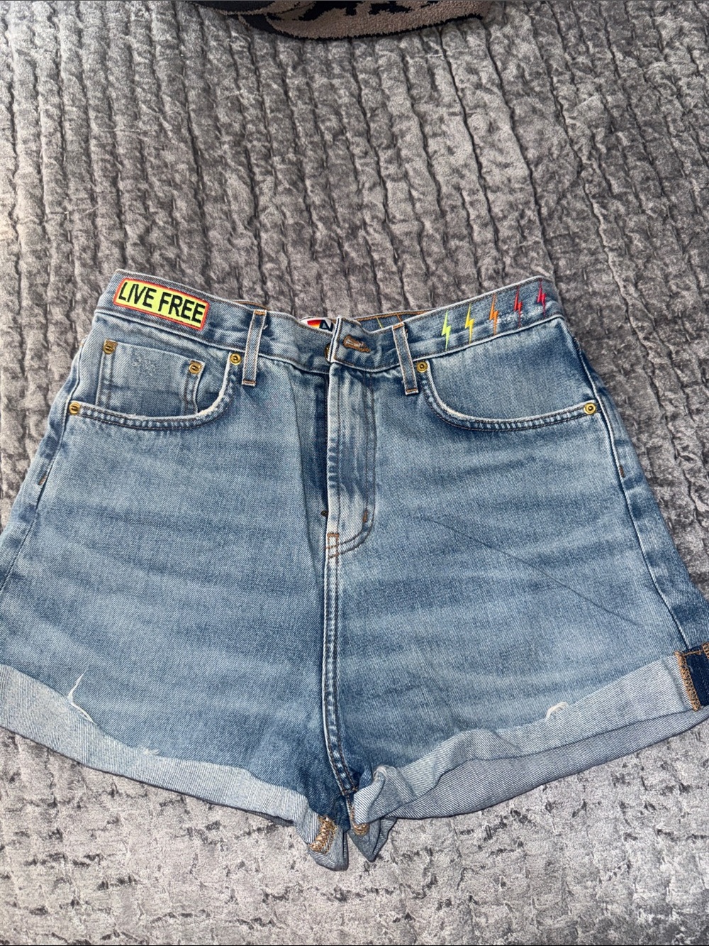 Aviator Nation Light Blue Denim Shorts with Rainbow Stitching